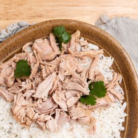 Survival cave food canned pork plated with rice